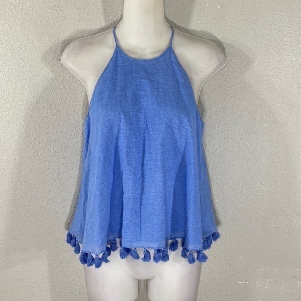 Tory Burch blue halter crop tassel trim top 0 P5 - Picture 5 of 14